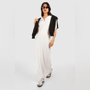 NWT BOOHOO MATERNITY RIBBED COLLARED MAXI T-SHIRT DRESS WHITE POLO Size 12